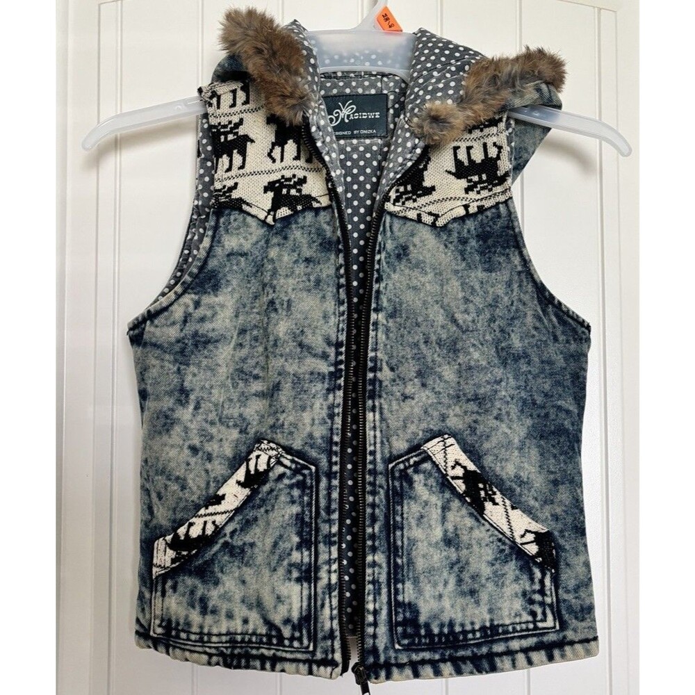 MACIDWE Acid Wash Denim Vest Faux Fur Hood Moose Fair Isle Knit Size XS Vintage